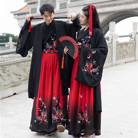 Chinese Couple Black Red Hanfu Female Retro Traditional Embroidery