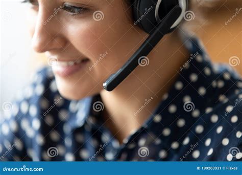 Closeup Indian Woman Helpline Employee Wear Headset Talk To Client