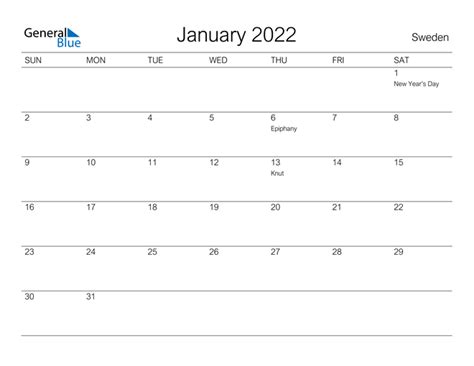 Sweden January 2022 Calendar With Holidays