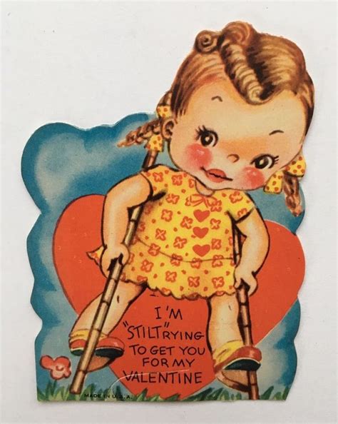 Unused Vintage Valentine Card Cute Girl Flower Dress Stilts Grass Heart