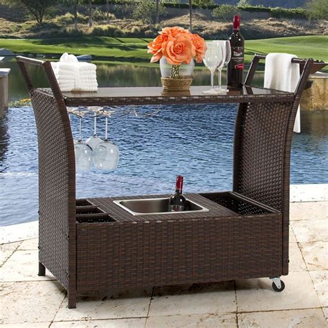 Hot Item Patio Wicker Trolley Serving Bar Cart With Ice Bucket Wine