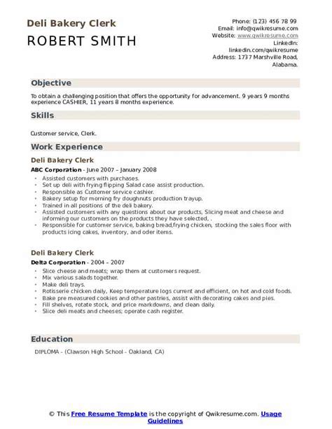 Deli Bakery Clerk Resume Samples Qwikresume