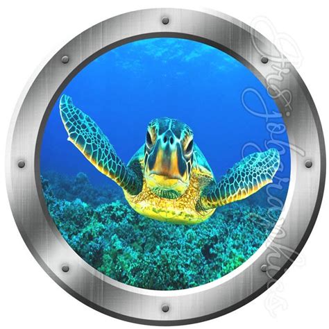 Handcrafted sea turtle wall art fashioned from a mix of new and reclaimed metal represents the endangered hawksbill turtle Sea Turtle Porthole Wall Decal Ocean View 3D Window Sticker Kids Room Wall Art PO16 | Kids room ...
