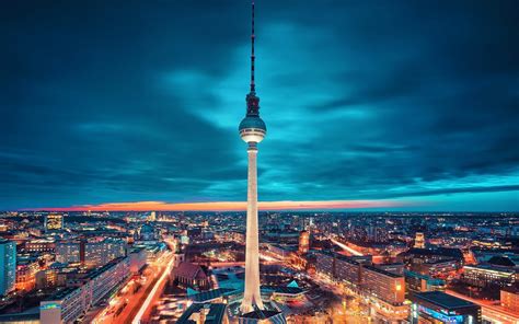 Cityscape Lights Tower Berlin Clouds Night Germany Wallpapers Hd