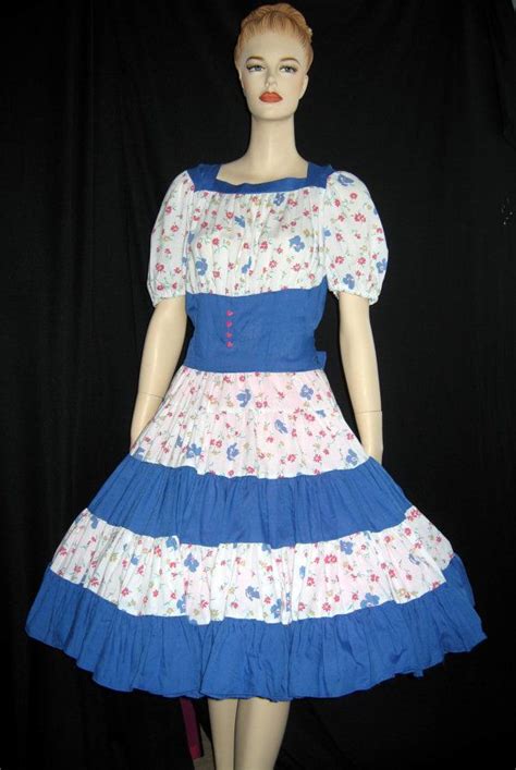Vintage Square Dance Blue White Floral Rockabilly Huge Sweep Etsy