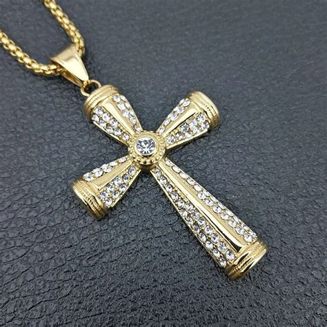 Hip Hop Titanium Stainless Steel Full Pave Rhinestone Iced Out Bling Male Gold Color Cross