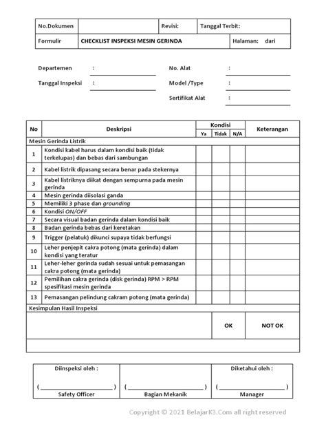 Form Check List Inspeksi Mesin Gerinda Pdf