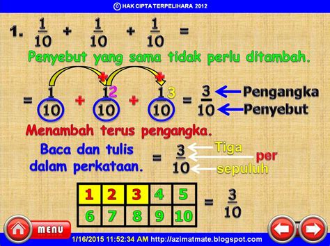 1 matematik sekolah rendah instrumen kemahiran asas matematik sekolah rendah ( ikam ) ujian pelepasan tahap 2 unit pemulihan khas bahagian pendidikan khas kementerian pelajaran malaysia aras 2, blok e2, komplek e, pusat. AZIMAT SEKOLAH RENDAH: PECAHAN TAHUN EMPAT