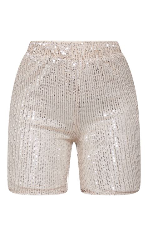 Cream Sequin Cycle Shorts Bottoms Prettylittlething Usa