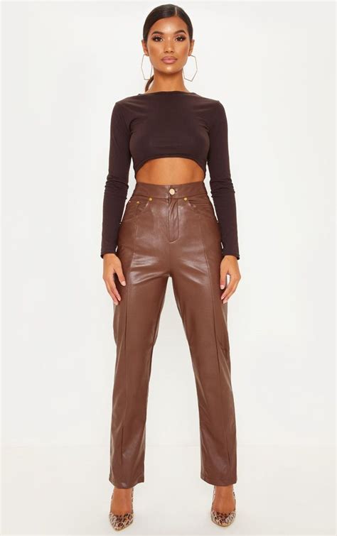 Brown Faux Leather Straight Leg Trouser Leather Trousers Outfit Leather Pants Outfit Night