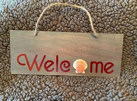 Welcome Wood Sign With Real Seashell Etsy