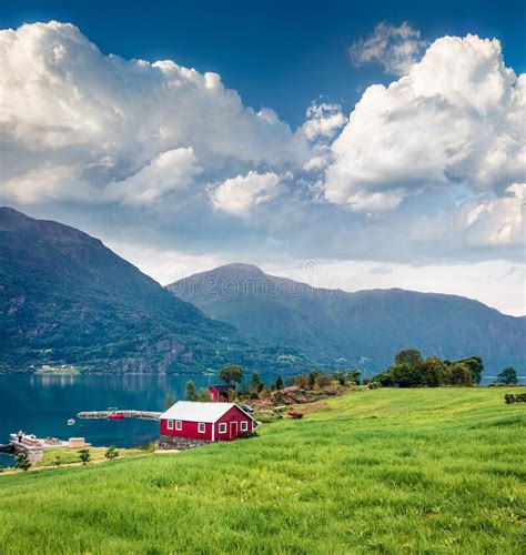 Typical Countryside Norwegian Landscape Misty Summer Panorama Of