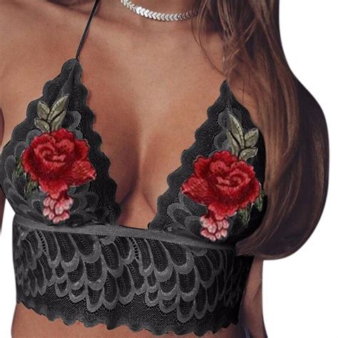 Ishine Women Sexy Crop Tops Translucent Hollow Camis Underwear Sheer Lace Rose Embroidery V Neck