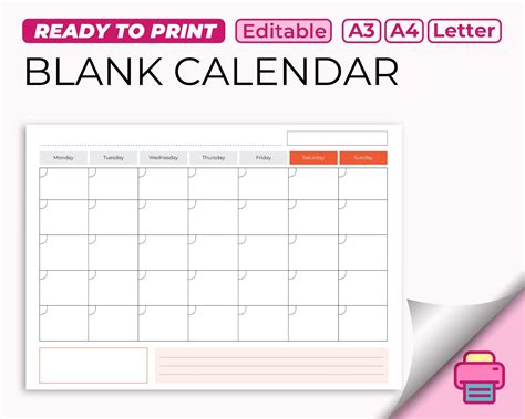 Blank Calendar Printable Calendar Template Undate Calendar Instant