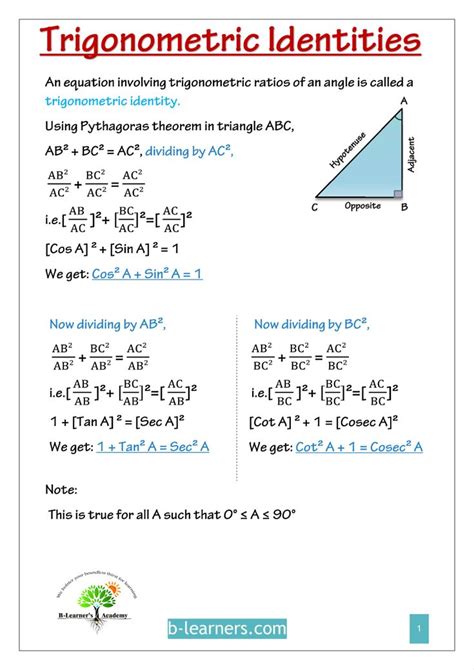 Worksheets For Trigonometry Formulas Triangle