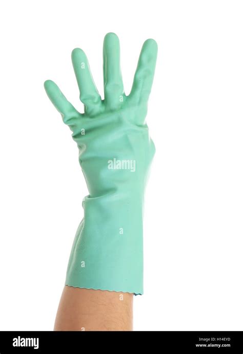 Hand Shows Four In Rubber Glove Stock Photo Alamy