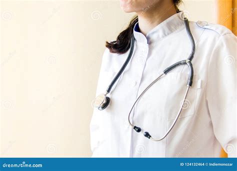 Medical Concept Of Female Doctor In White Coat With Phonendoscope No