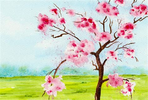 Watercolor Of A Cherry Tree Against Blue Sky Stock Illustration