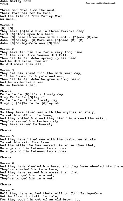 Top 1000 Folk And Old Time Songs Collection John Barley Corn Lyrics With Chords And Pdf