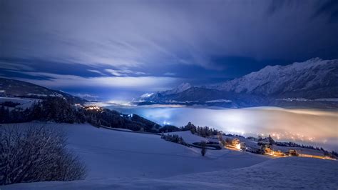 Winter Night In The Mountains Hd Wallpaper Background Image