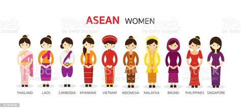 Southeast Asia Women In Traditional Clothing Stock Illustration