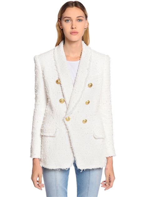 Lyst Balmain Double Breasted Fringed Tweed Blazer In White