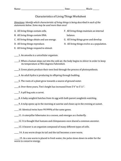 Characteristics Of Living Things Worksheet Fill And Sign Printable