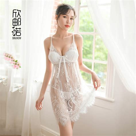 Sexy Mini Nightdress Porn Women See Through Lace Deep V Neck Nightgown With Chest Pads Spaghetti