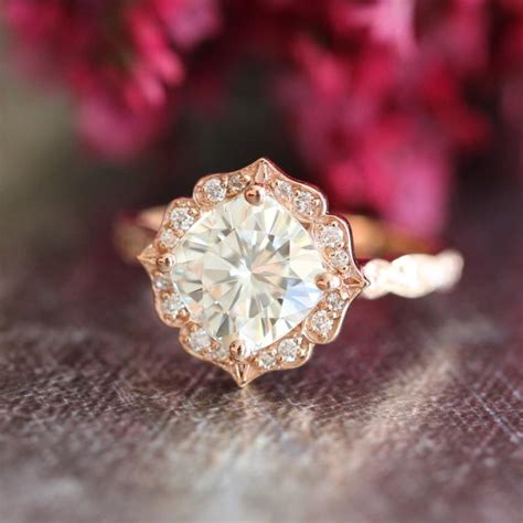 K Rose Gold Moissanite Engagement Ring Vintage Floral Ring Scalloped