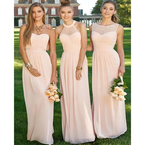 Elegant Long Light Pink Bridesmaid Dress 2017 Halter Pleat Chiffon