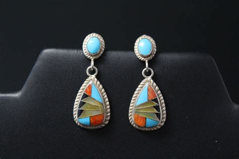Sterling Silver Native American Inlay Dangle Earrings Turquoise Inlay