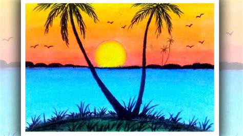 How To Draw Sea Beach Scenery Sunset Scenery Drawing Youtube