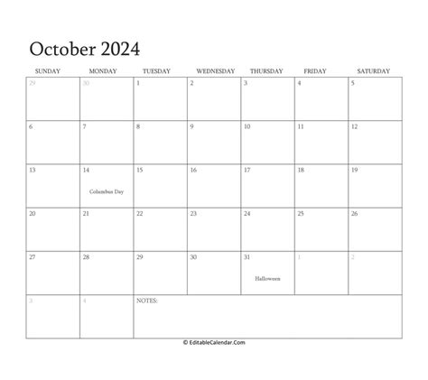 Download October 2024 Editable Calendar With Holidays Word Version