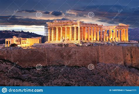 Acropolis Parthenon Of Athens At Dusk Time Greece Stock Photo