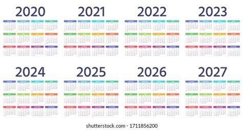 Calendar 2021 2022 2023 2024 2025 2026 2020 Years Vector Illustration