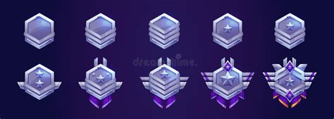 Set Of Game Rank Icons Isolated On Dark Blue Stock Vector