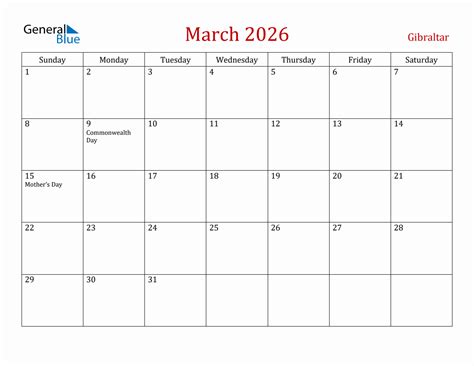 March 2026 Gibraltar Monthly Calendar With Holidays
