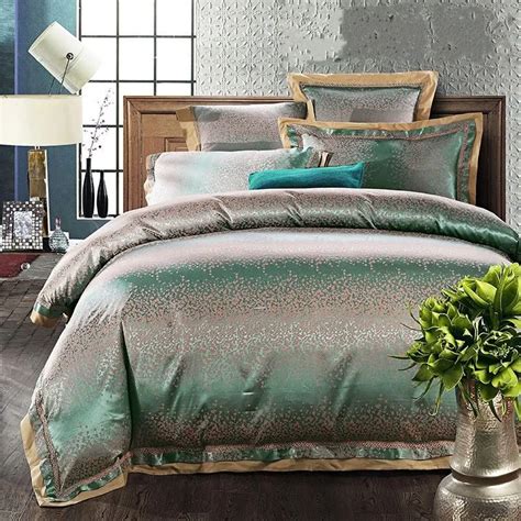 Luxury Silk Satin Duvet Cover Queen King Size 46pcs Green Jacquard