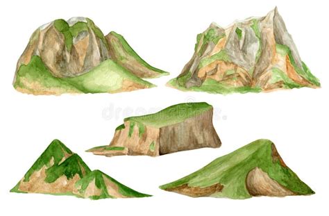 Watercolor Mountains Clipart Set Hand Painted High Green Peak Isolated