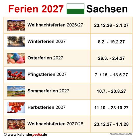 Ferien Sachsen 2027 - Übersicht der Ferientermine