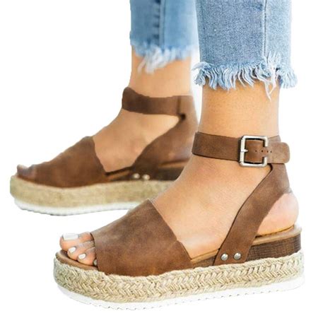 Wedge Sandals For Women Wide Flat Wedge Ankle Buckle Sandals With Strap Fashion Summer Beach