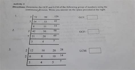 Activity 3 Directions Determine The Gcf And Lcm Of The Following Group