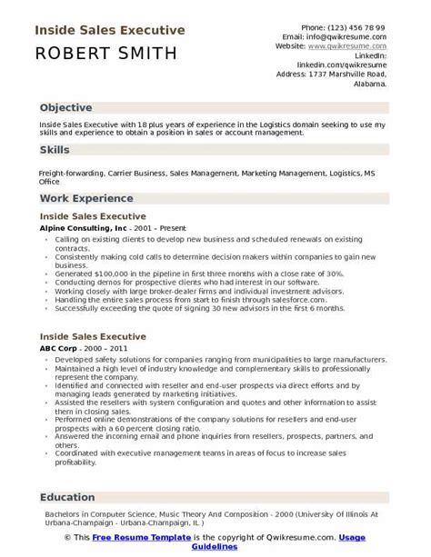 Once done, save it as a pdf file before sharing it with recruiters. Inside Sales Executive Resume Samples | QwikResume