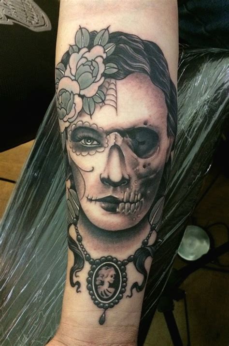 Mexican Traditional Colored Forearm Tattoo Of Half Woman Half Skull