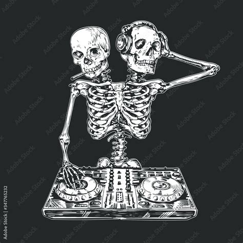 Dj Skeleton Man With Two Skulls Playing Dance Rhythm Sketch Vector Stock Vector Adobe Stock