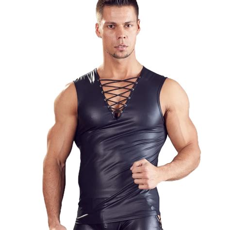 Men Faux Leather T Shirts Sleeveless Fitness Tight Tank Tops Sexy Black