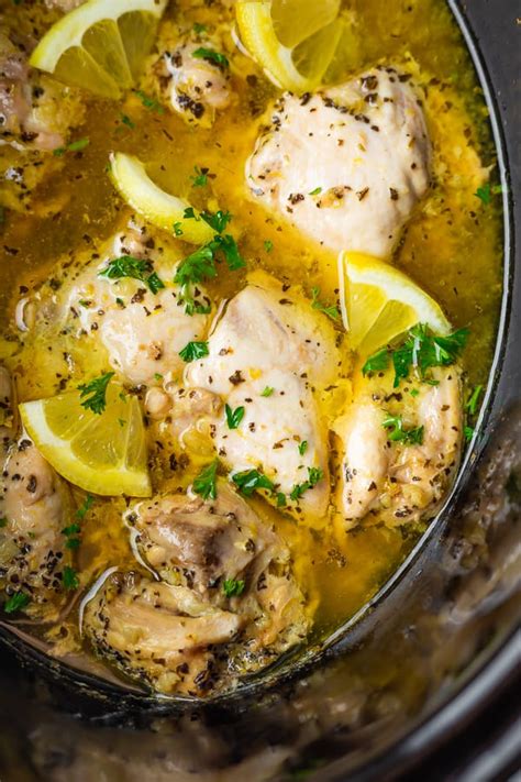 Normally we make this for a big sunday dinner with easy roasted potatoes and parmesan roasted cauliflower. Slow Cooker Lemon Garlic Chicken Thighs | Sweet Peas and ...