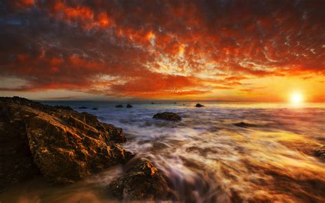 Rocks Stones Sunset Ocean Beach Sunlight HD wallpaper | nature and ...