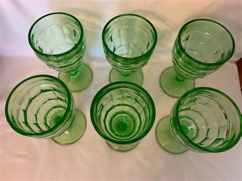 6 Vintage Green Depression Glass Goblets Colonial Block By Etsy
