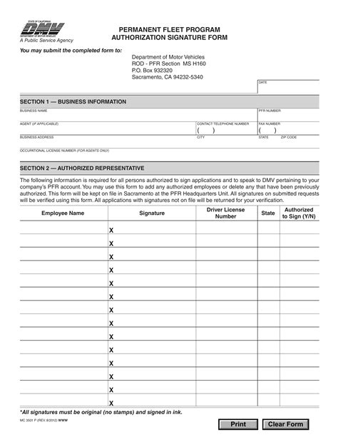 CA DMV Form MC 3501 P. PFR Authorization Signature Form | Forms - Docs